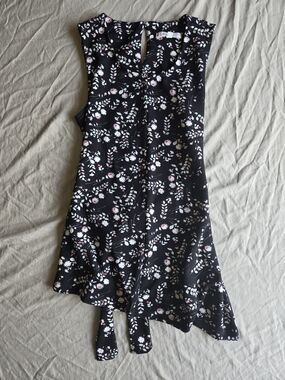 cleo Black Floral Asymmetrical  Back Tie Top